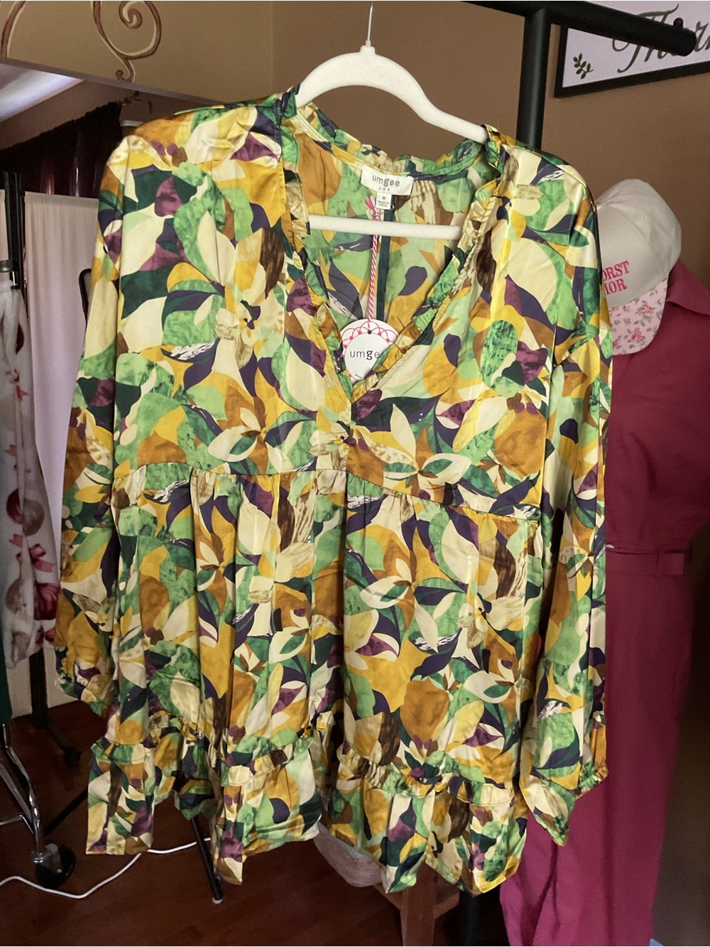Umgee Multicolor Floral Ruffle Hem Tunic - Green, Mustard, Purple